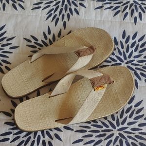 rainbow canvas flip flops